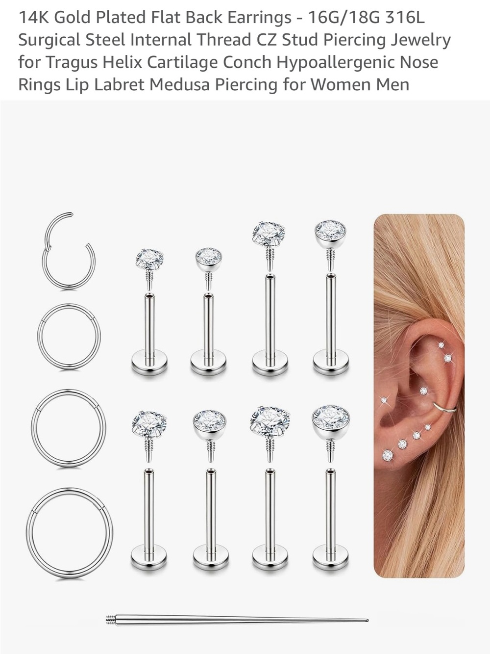 CZ Flat Back Labret Earrings Set - Silver Surgical Steel